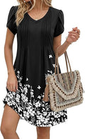 Black Floral 01 Summer Dresses for Women Casual A Line Dress 2026 V Neck Short Dresses Floral Sundress Pleated Boho Dress