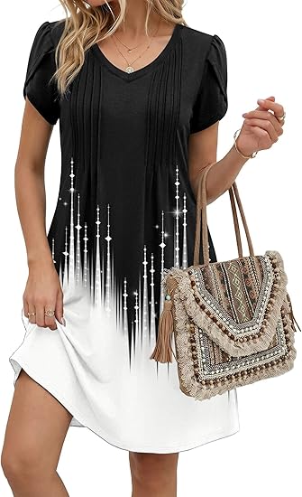 Black+white Summer Dresses for Women Casual A Line Dress 2026 V Neck Short Dresses Floral Sundress Pleated Boho Dress