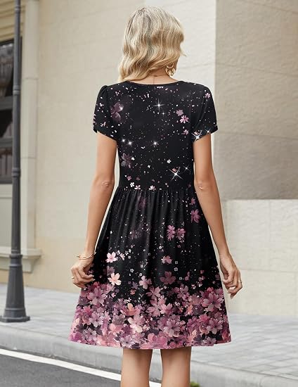 Black Pink Floral Women Summer Dress 2026 Short Sleeve Aline Mini Dresses with Pockets Casual Swing Tshirt Dress Vocation Beach Sundress
