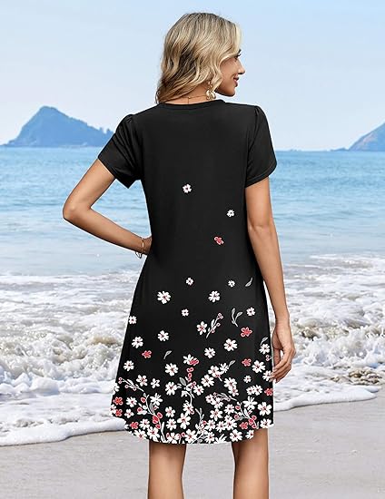 Black Floral 02 Summer Dresses for Women Casual A Line Dress 2026 V Neck Short Dresses Floral Sundress Pleated Boho Dress