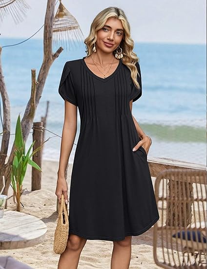 A-black Summer Dresses for Women Casual A Line Dress 2026 V Neck Short Dresses Floral Sundress Pleated Boho Dress