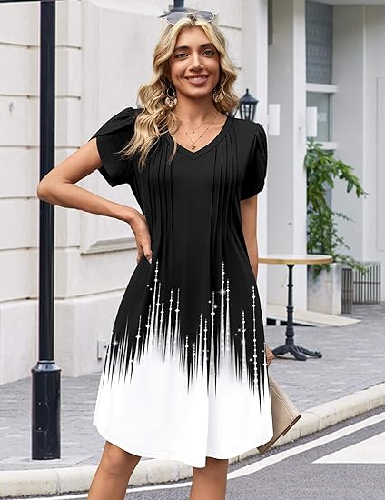 Black+white Summer Dresses for Women Casual A Line Dress 2026 V Neck Short Dresses Floral Sundress Pleated Boho Dress