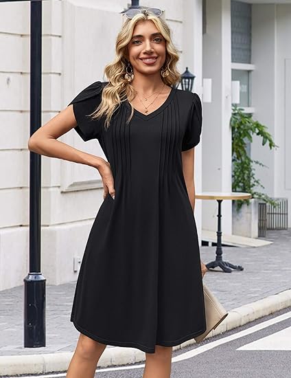 A-black Summer Dresses for Women Casual A Line Dress 2026 V Neck Short Dresses Floral Sundress Pleated Boho Dress
