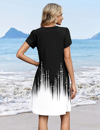Black+white Summer Dresses for Women Casual A Line Dress 2026 V Neck Short Dresses Floral Sundress Pleated Boho Dress
