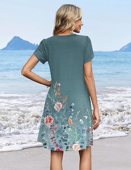 Blue Green 02 Summer Dresses for Women Casual A Line Dress 2026 V Neck Short Dresses Floral Sundress Pleated Boho Dress
