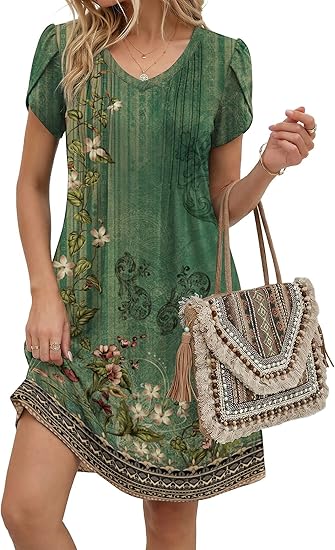 Green Floral 01 Summer Dresses for Women Casual A Line Dress 2026 V Neck Short Dresses Floral Sundress Pleated Boho Dress