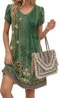 Green Floral 01 Summer Dresses for Women Casual A Line Dress 2026 V Neck Short Dresses Floral Sundress Pleated Boho Dress