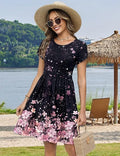 Black Pink Floral Women Summer Dress 2026 Short Sleeve Aline Mini Dresses with Pockets Casual Swing Tshirt Dress Vocation Beach Sundress