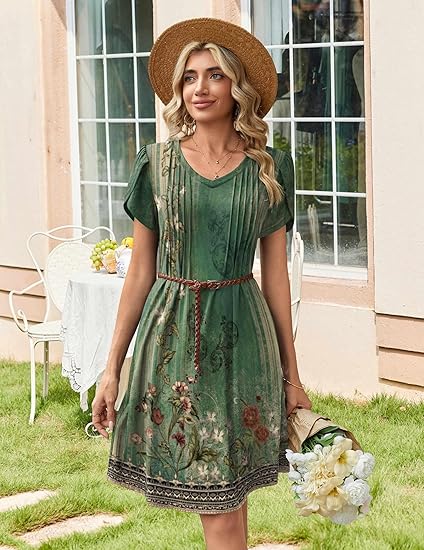 Green Floral 01 Summer Dresses for Women Casual A Line Dress 2026 V Neck Short Dresses Floral Sundress Pleated Boho Dress