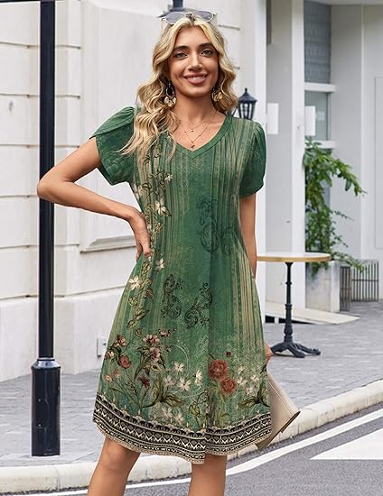 Green Floral 01 Summer Dresses for Women Casual A Line Dress 2026 V Neck Short Dresses Floral Sundress Pleated Boho Dress