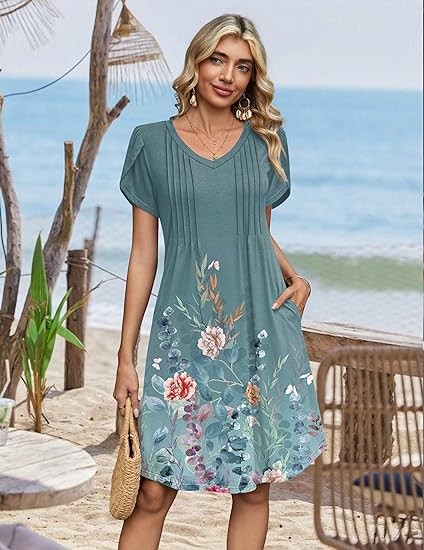 Blue Green 02 Summer Dresses for Women Casual A Line Dress 2026 V Neck Short Dresses Floral Sundress Pleated Boho Dress