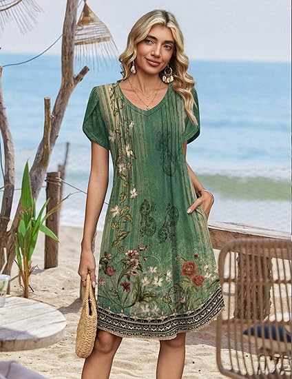 Green Floral 01 Summer Dresses for Women Casual A Line Dress 2026 V Neck Short Dresses Floral Sundress Pleated Boho Dress