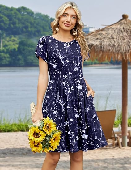 Navy White Floral Women Summer Dress 2026 Short Sleeve Aline Mini Dresses with Pockets Casual Swing Tshirt Dress Vocation Beach Sundress