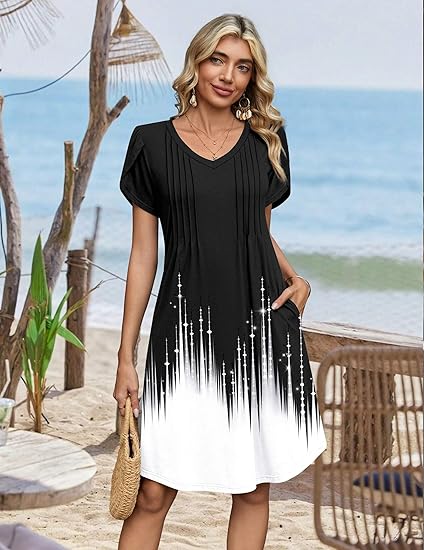 Black+white Summer Dresses for Women Casual A Line Dress 2026 V Neck Short Dresses Floral Sundress Pleated Boho Dress