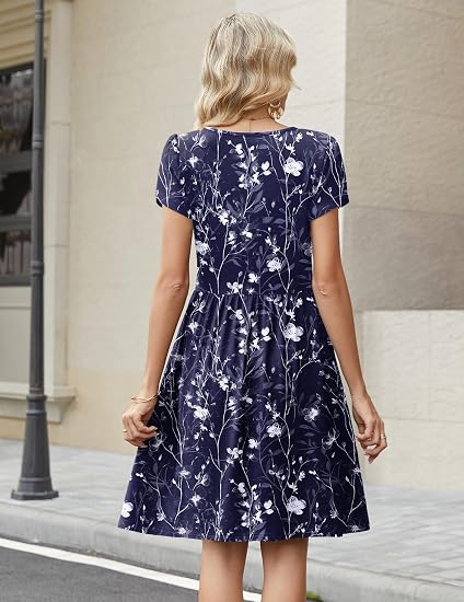 Navy White Floral Women Summer Dress 2026 Short Sleeve Aline Mini Dresses with Pockets Casual Swing Tshirt Dress Vocation Beach Sundress