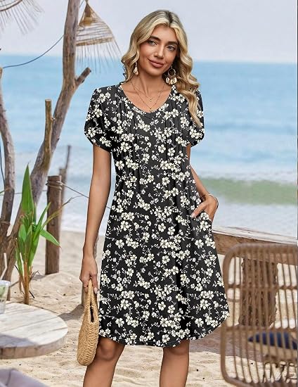 Black Floral 03 Summer Dresses for Women Casual A Line Dress 2026 V Neck Short Dresses Floral Sundress Pleated Boho Dress