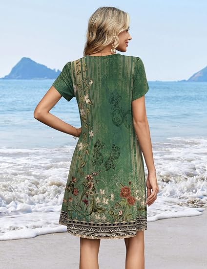 Green Floral 01 Summer Dresses for Women Casual A Line Dress 2026 V Neck Short Dresses Floral Sundress Pleated Boho Dress