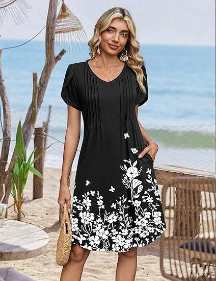 Black Floral 01 Summer Dresses for Women Casual A Line Dress 2026 V Neck Short Dresses Floral Sundress Pleated Boho Dress