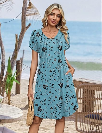 Blue Green Floral Summer Dresses for Women Casual A Line Dress 2026 V Neck Short Dresses Floral Sundress Pleated Boho Dress