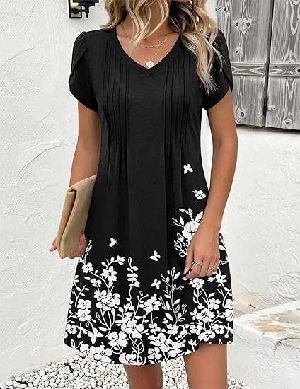 Black Floral 01 Summer Dresses for Women Casual A Line Dress 2026 V Neck Short Dresses Floral Sundress Pleated Boho Dress