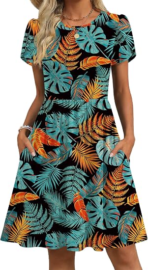 Leaf Print Women Summer Dress 2026 Short Sleeve Aline Mini Dresses with Pockets Casual Swing Tshirt Dress Vocation Beach Sundress