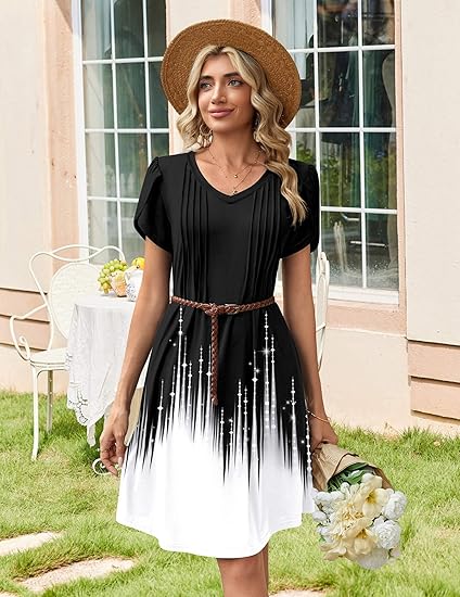 Black+white Summer Dresses for Women Casual A Line Dress 2026 V Neck Short Dresses Floral Sundress Pleated Boho Dress