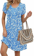 Blue Floral a Summer Dresses for Women Casual A Line Dress 2026 V Neck Short Dresses Floral Sundress Pleated Boho Dress