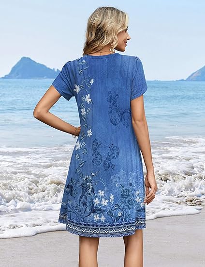 Blue Floral B Summer Dresses for Women Casual A Line Dress 2026 V Neck Short Dresses Floral Sundress Pleated Boho Dress