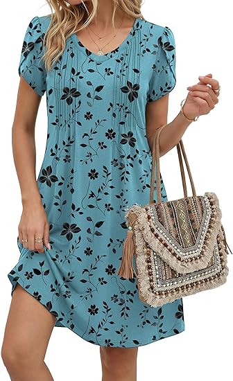 Blue Green Floral Summer Dresses for Women Casual A Line Dress 2026 V Neck Short Dresses Floral Sundress Pleated Boho Dress