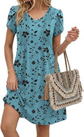 Blue Green Floral Summer Dresses for Women Casual A Line Dress 2026 V Neck Short Dresses Floral Sundress Pleated Boho Dress