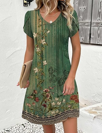 Green Floral 01 Summer Dresses for Women Casual A Line Dress 2026 V Neck Short Dresses Floral Sundress Pleated Boho Dress