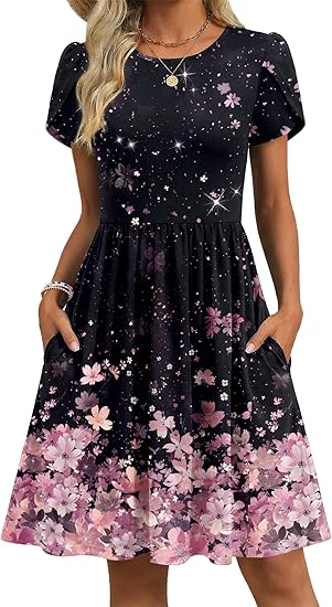 Black Pink Floral Women Summer Dress 2026 Short Sleeve Aline Mini Dresses with Pockets Casual Swing Tshirt Dress Vocation Beach Sundress