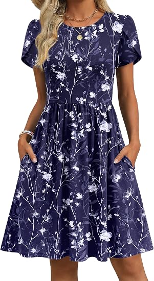 Navy White Floral Women Summer Dress 2026 Short Sleeve Aline Mini Dresses with Pockets Casual Swing Tshirt Dress Vocation Beach Sundress