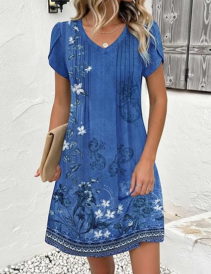 Blue Floral B Summer Dresses for Women Casual A Line Dress 2026 V Neck Short Dresses Floral Sundress Pleated Boho Dress