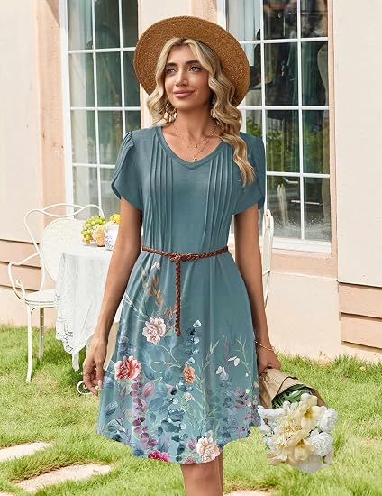 Blue Green 02 Summer Dresses for Women Casual A Line Dress 2026 V Neck Short Dresses Floral Sundress Pleated Boho Dress
