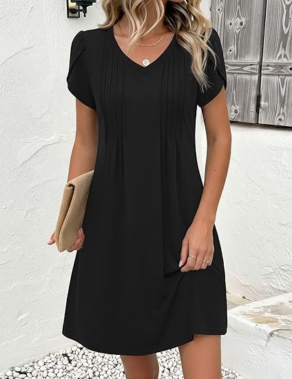 A-black Summer Dresses for Women Casual A Line Dress 2026 V Neck Short Dresses Floral Sundress Pleated Boho Dress