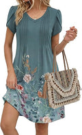 Blue Green 02 Summer Dresses for Women Casual A Line Dress 2026 V Neck Short Dresses Floral Sundress Pleated Boho Dress