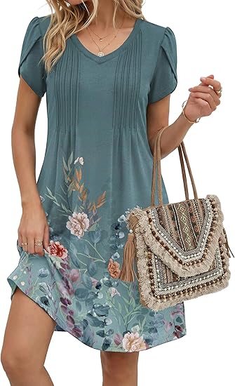 Blue Green 02 Summer Dresses for Women Casual A Line Dress 2026 V Neck Short Dresses Floral Sundress Pleated Boho Dress