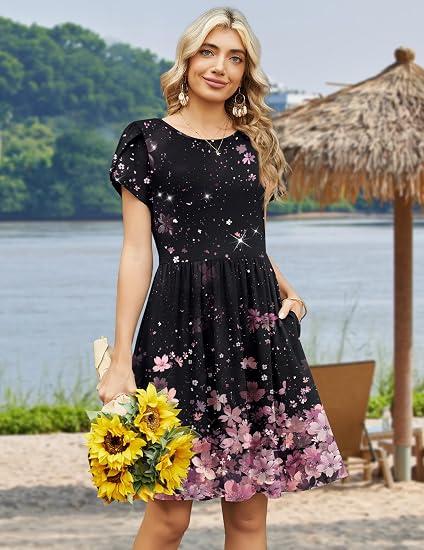 Black Pink Floral Women Summer Dress 2026 Short Sleeve Aline Mini Dresses with Pockets Casual Swing Tshirt Dress Vocation Beach Sundress
