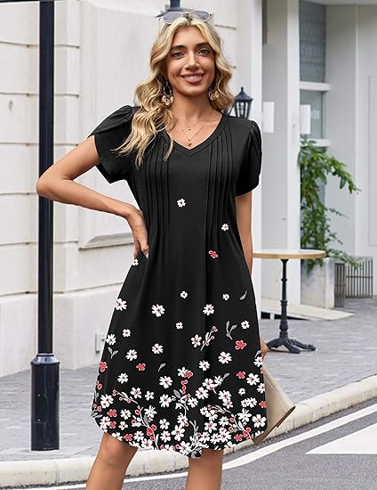 Black Floral 02 Summer Dresses for Women Casual A Line Dress 2026 V Neck Short Dresses Floral Sundress Pleated Boho Dress