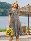 Brown Print Women Summer Dress 2026 Short Sleeve Aline Mini Dresses with Pockets Casual Swing Tshirt Dress Vocation Beach Sundress