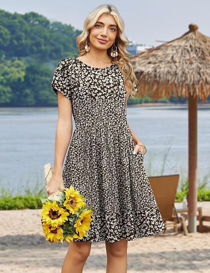 Brown Print Women Summer Dress 2026 Short Sleeve Aline Mini Dresses with Pockets Casual Swing Tshirt Dress Vocation Beach Sundress