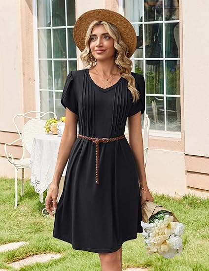 A-black Summer Dresses for Women Casual A Line Dress 2026 V Neck Short Dresses Floral Sundress Pleated Boho Dress