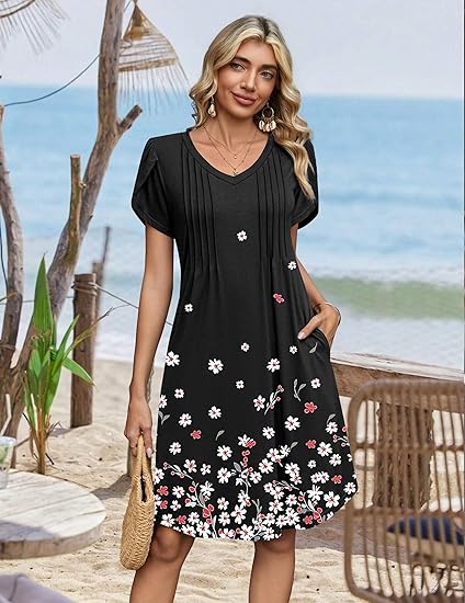 Black Floral 02 Summer Dresses for Women Casual A Line Dress 2026 V Neck Short Dresses Floral Sundress Pleated Boho Dress