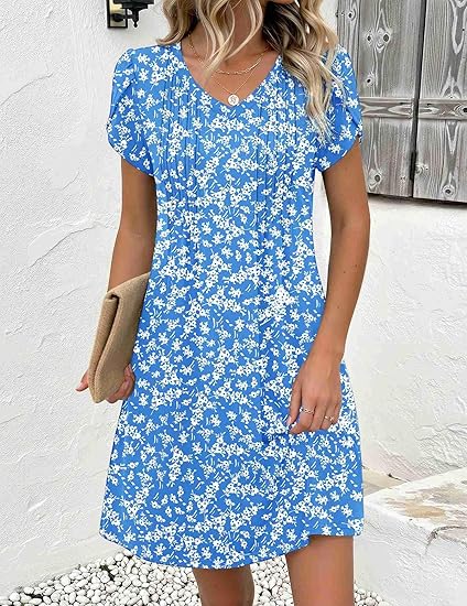 Blue Floral a Summer Dresses for Women Casual A Line Dress 2026 V Neck Short Dresses Floral Sundress Pleated Boho Dress