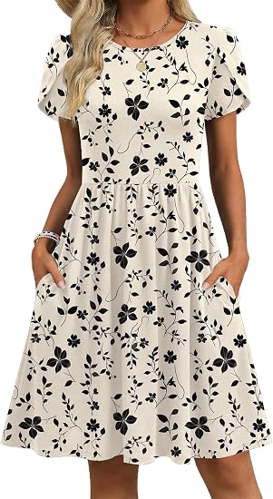 Beige Print Women Summer Dress 2026 Short Sleeve Aline Mini Dresses with Pockets Casual Swing Tshirt Dress Vocation Beach Sundress