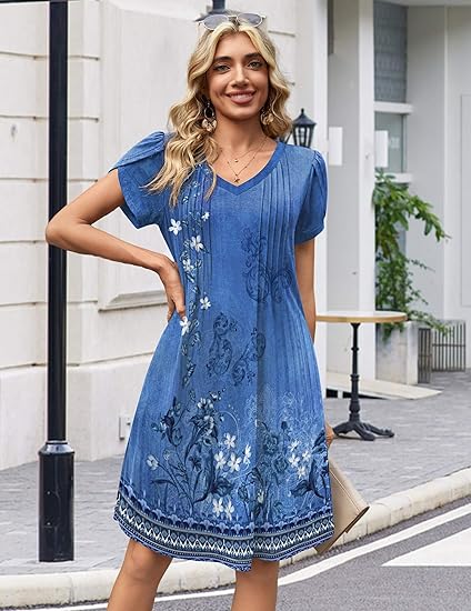 Blue Floral B Summer Dresses for Women Casual A Line Dress 2026 V Neck Short Dresses Floral Sundress Pleated Boho Dress