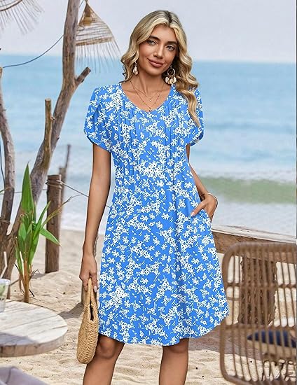 Blue Floral a Summer Dresses for Women Casual A Line Dress 2026 V Neck Short Dresses Floral Sundress Pleated Boho Dress