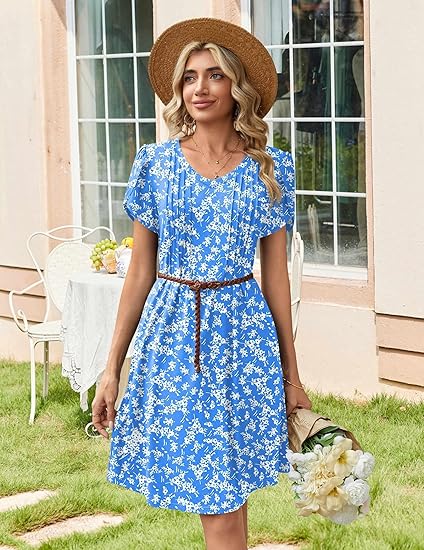 Blue Floral a Summer Dresses for Women Casual A Line Dress 2026 V Neck Short Dresses Floral Sundress Pleated Boho Dress