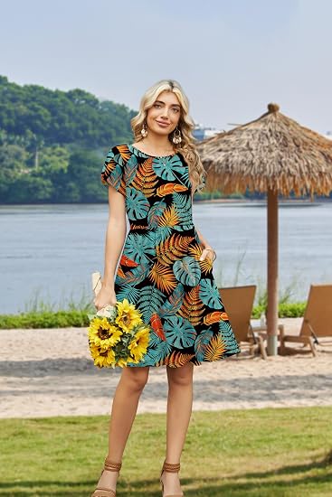 Leaf Print Women Summer Dress 2026 Short Sleeve Aline Mini Dresses with Pockets Casual Swing Tshirt Dress Vocation Beach Sundress